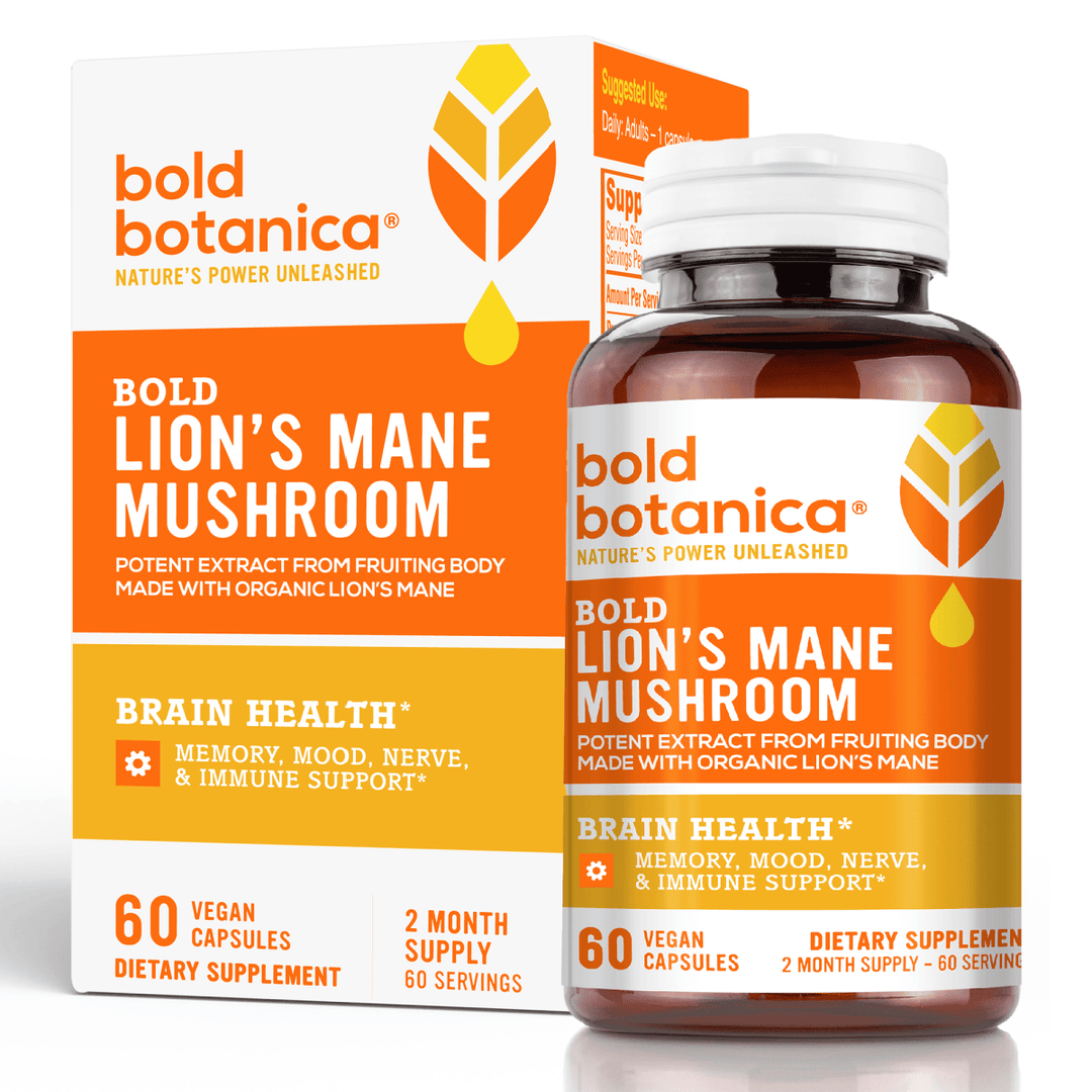 Organic Lion’s Mane fruiting body capsules shown in their branded box—vegan nootropic supplements made with high-quality ingredients, crafted for those seeking clean, Lion’s Mane supplements.