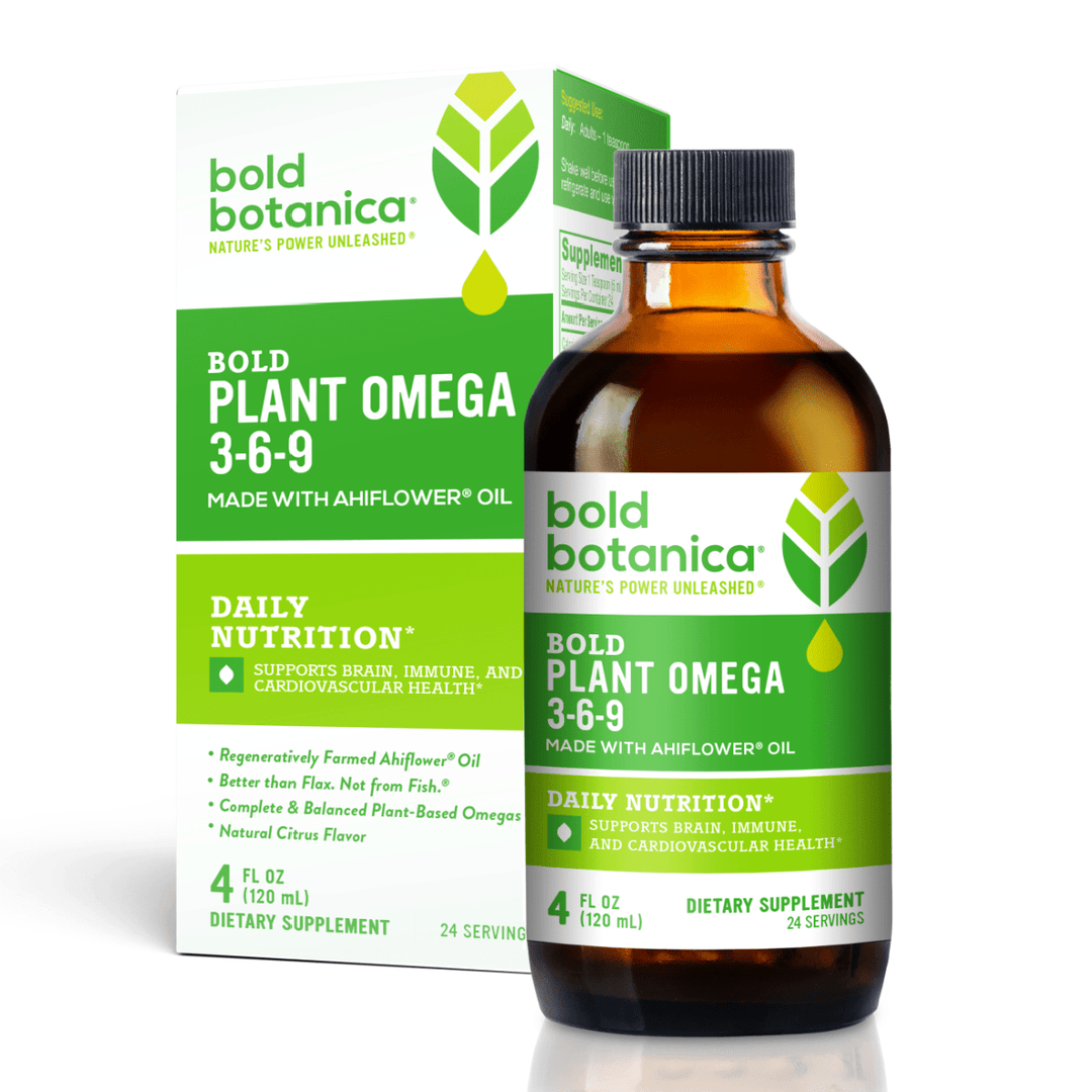 bottle of plant based, vegan omega 3 6 9