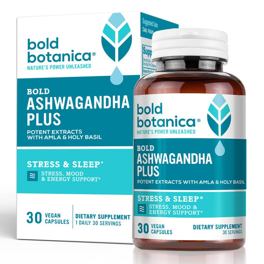 Bold Ashwagandha Plus bottle and box, an organic ashwagandha supplement for anxiety support, stress relief, and overall wellness, featuring the best ashwagandha formula for mood, energy, and sleep support.