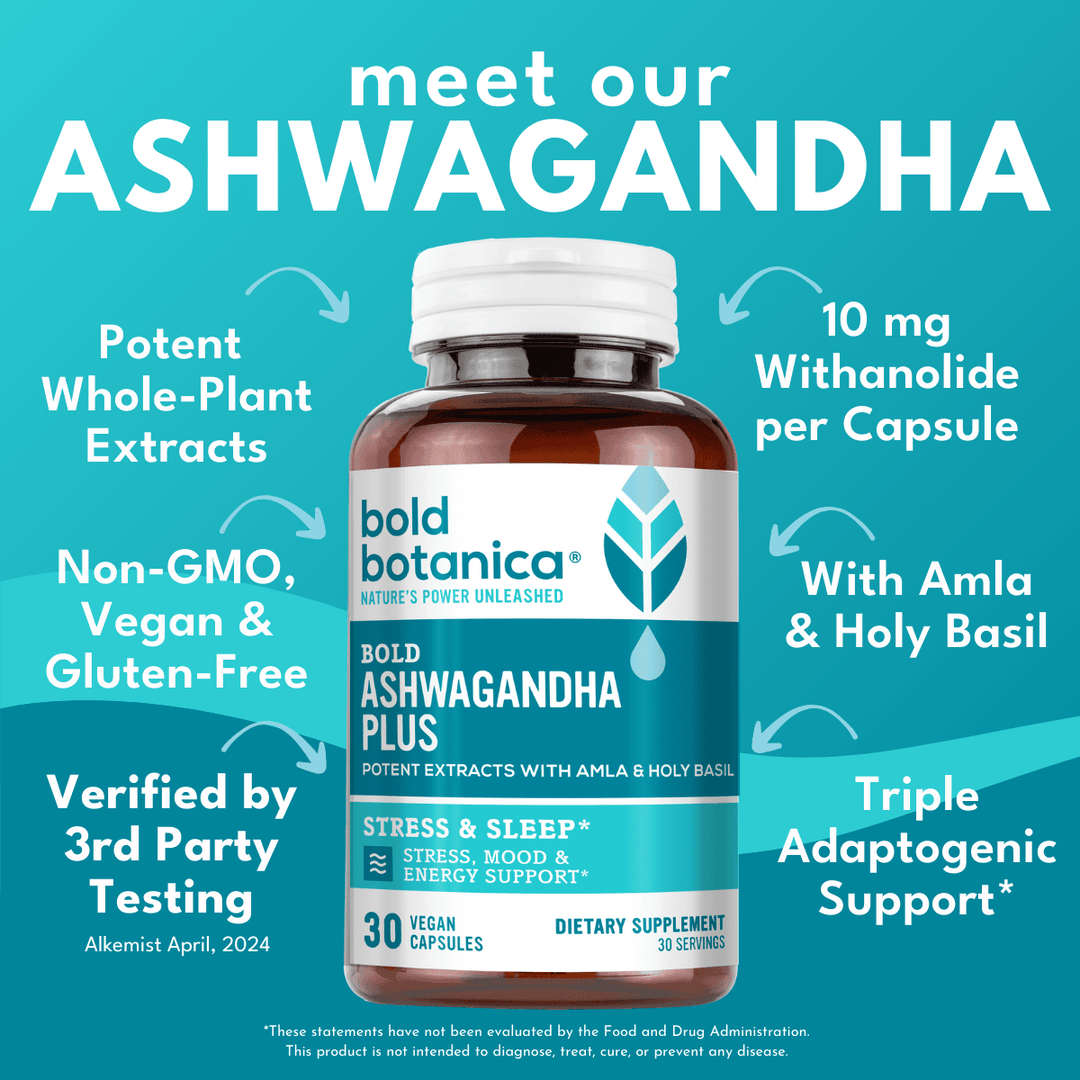 Features of Bold Ashwagandha Plus supplement: whole plant extracts, non-GMO, vegan, gluten-free, and offering triple adaptogenic support for the best stress relief and anxiety support.