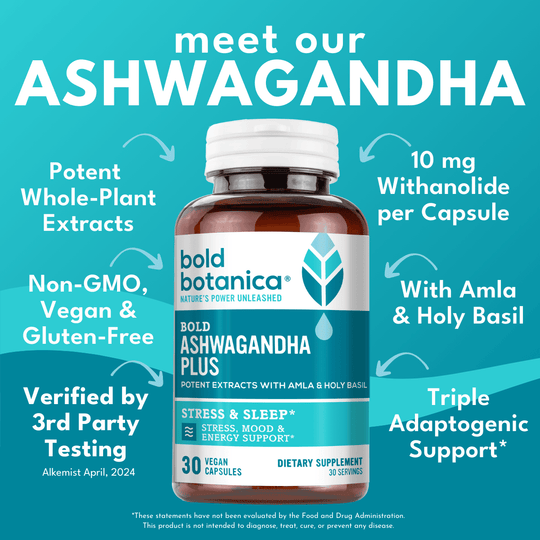 Features of Bold Ashwagandha Plus supplement: whole plant extracts, non-GMO, vegan, gluten-free, and offering triple adaptogenic support for the best stress relief and anxiety support.