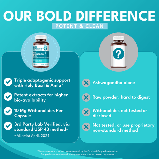 Bold Ashwagandha Plus supplement, offering triple adaptogenic support with organic ashwagandha, holy basil, and amla for stress relief and anxiety support, the best ashwagandha supplement for overall wellness.