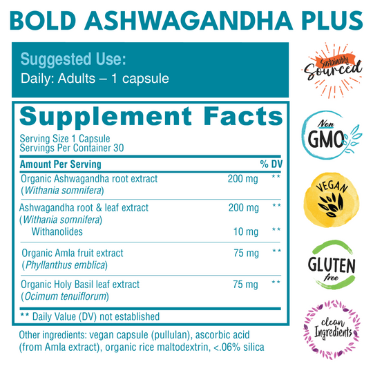 Supplement facts for Bold Ashwagandha Plus, the best ashwagandha supplement, offering organic ashwagandha for stress relief, anxiety support, and overall wellness with a triple adaptogen formula.