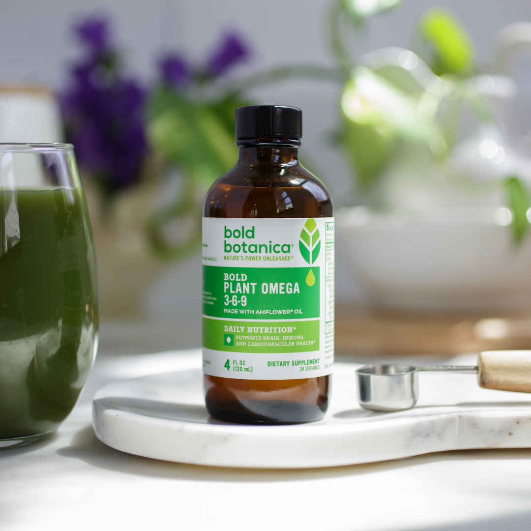 bottle of plant based, vegan omega 3 6 9