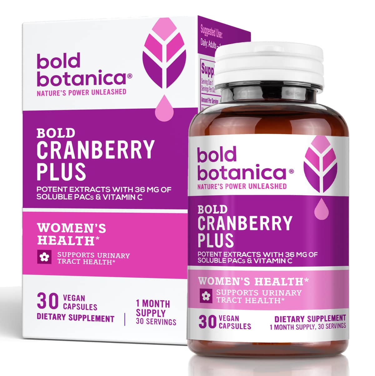 Bold Botanica Bold Cranberry Plus bottle and packaging against a white background and sitting on a white surface. 