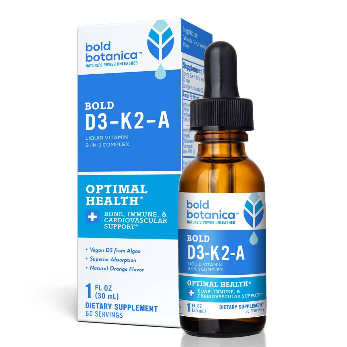 Bold Botanica bottle of vegan Bold D3 K2 A supplement next to packaging box against a white background and sitting on a white surface