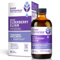 Bottle of bold botanica Bold elderberry elixir  sitting next to packaging box against a white background and sitting on a white surface