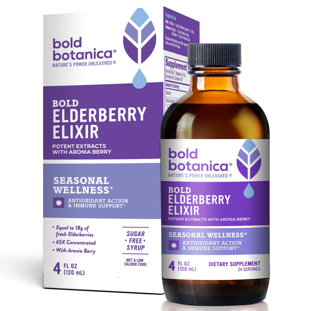 Bottle of bold botanica Bold elderberry elixir  sitting next to packaging box against a white background and sitting on a white surface