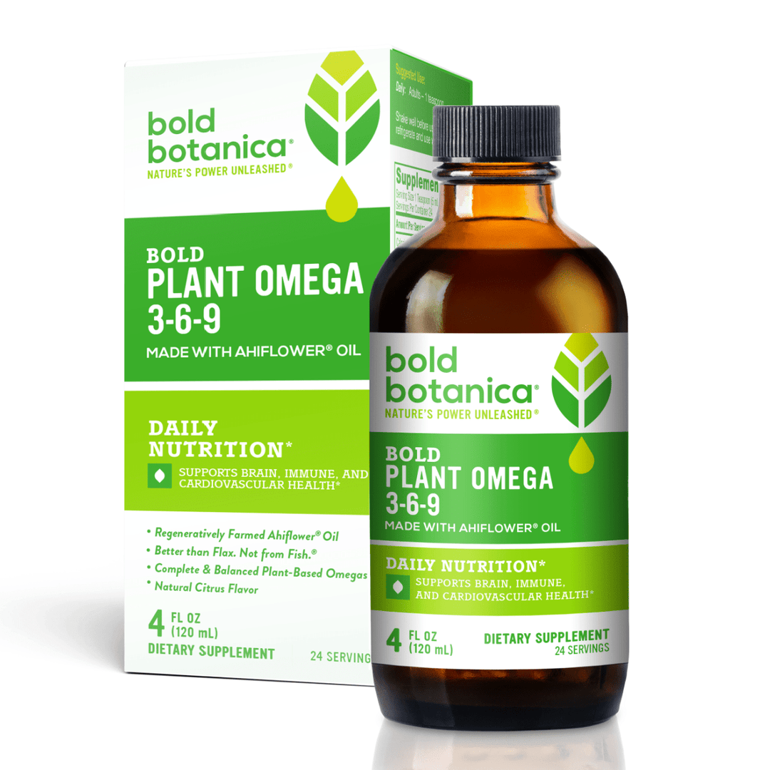 bottle of plant based, vegan omega 3 6 9