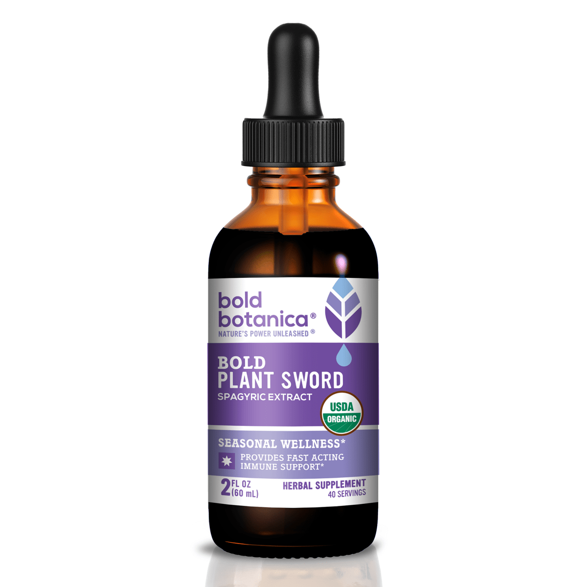 product image of Bold Plant Sword, a liquid herbal extract supplement for the immune system, dropper bottle against a white background and sitting on white surface. 