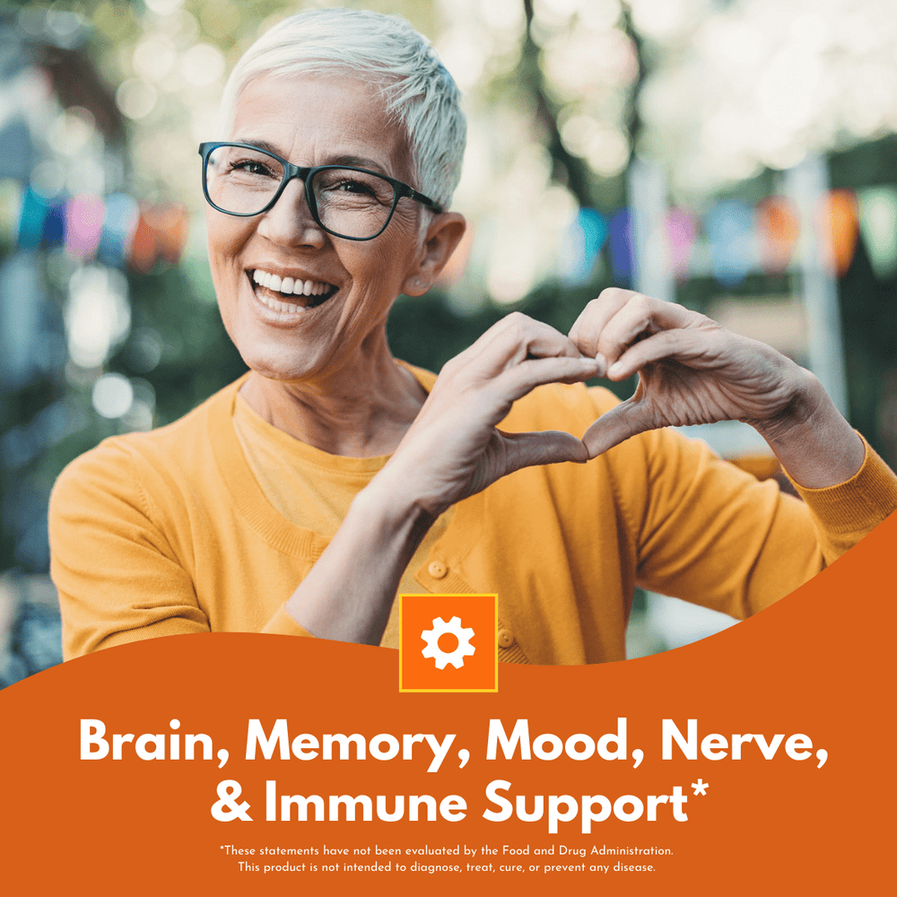 Older lady making a heart sign with her hands, above a benefits box for Bold Lion's Mane Mushroom featuring brain, memory, mood, nerve, and immune support.