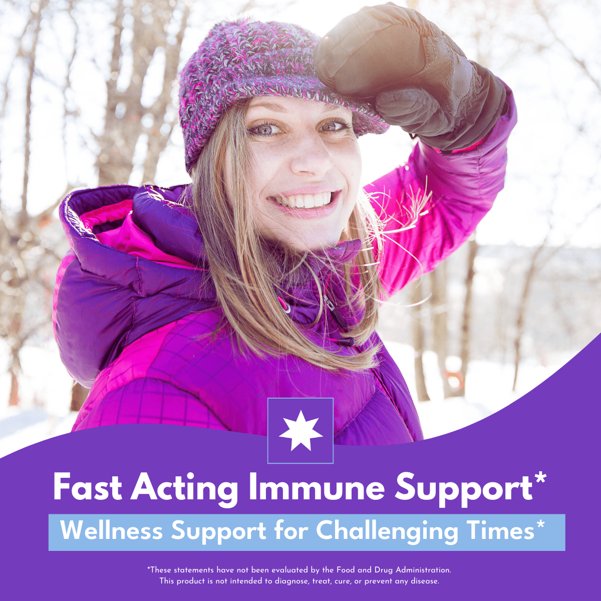 smiling woman wearing pink and purple coat and beanie outside in the cold above plant sword extract benefits with bold white text that reads Fast Acting Immune Support, wellness support for challenging times. 