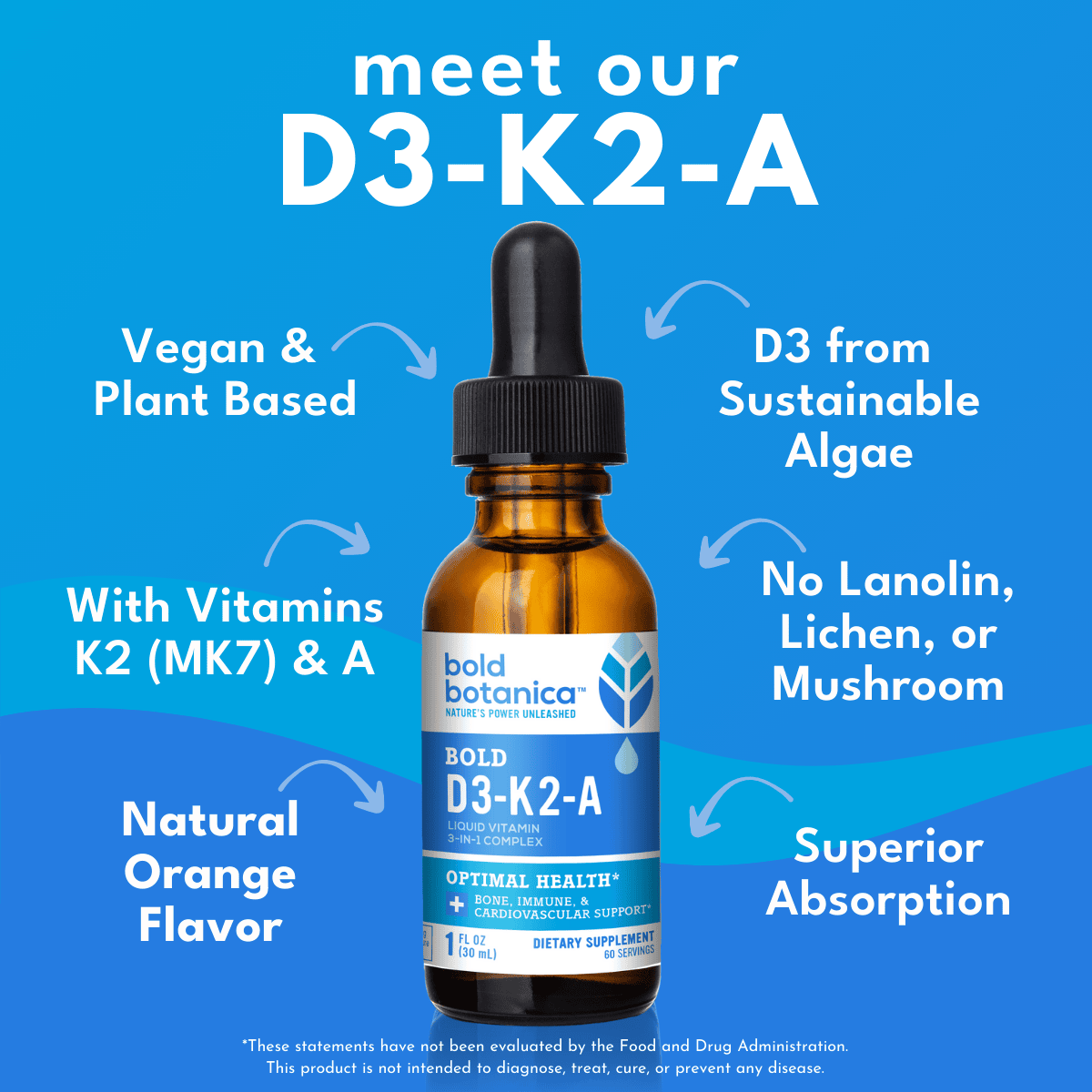 Bottle of Bold Botanica Bold D3-K2-A against a blue background with bold white text that reads meet our D3-K2-A Vegan & plant based, with vitamins k2 &A, Natural Orange Flavor, D3 from Sustainable algae, No lanolin, lichen, or mushroom, Superior absorption. 