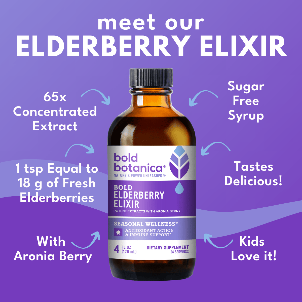 Bottle of bold botanica bold elderberry elixir against a purple background with bold white text that reads meet our elderberry elixir 65 X concentrated extract, Sugar free syrup, tastes delicious!, 1 tsp Equal to 18g of Fresh Elderberries, with Aronia berry, kids love it!