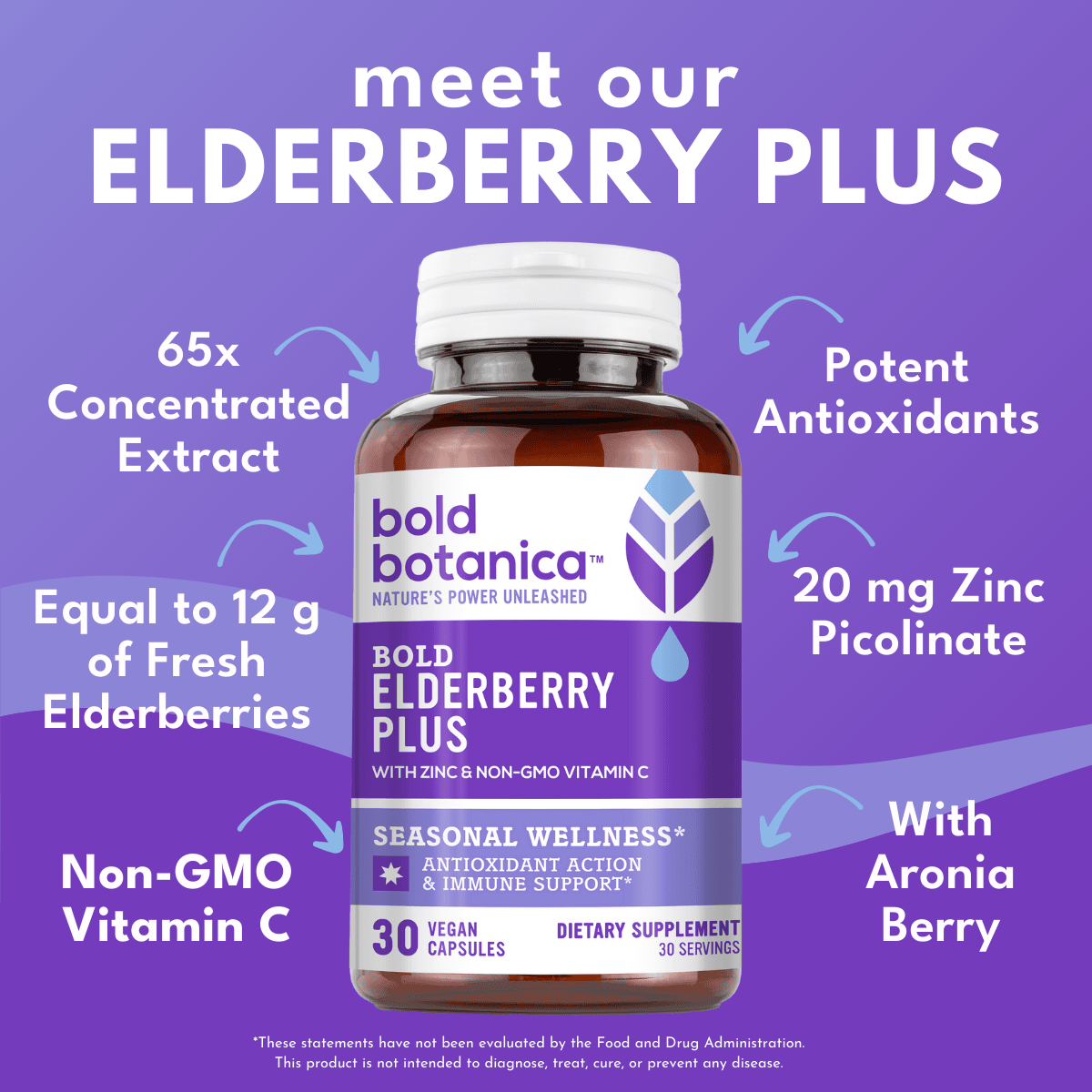 Bottle of Bold Botanica Bold Elderberry Plus against a purple background with bold white text that reads meet our elderberry plus 65x concentrated extract, potent antioxidants, qual to 12 g of fresh elderberries, 20mg zinc picolinate, non-GMO Vitamin C, with aronia berry