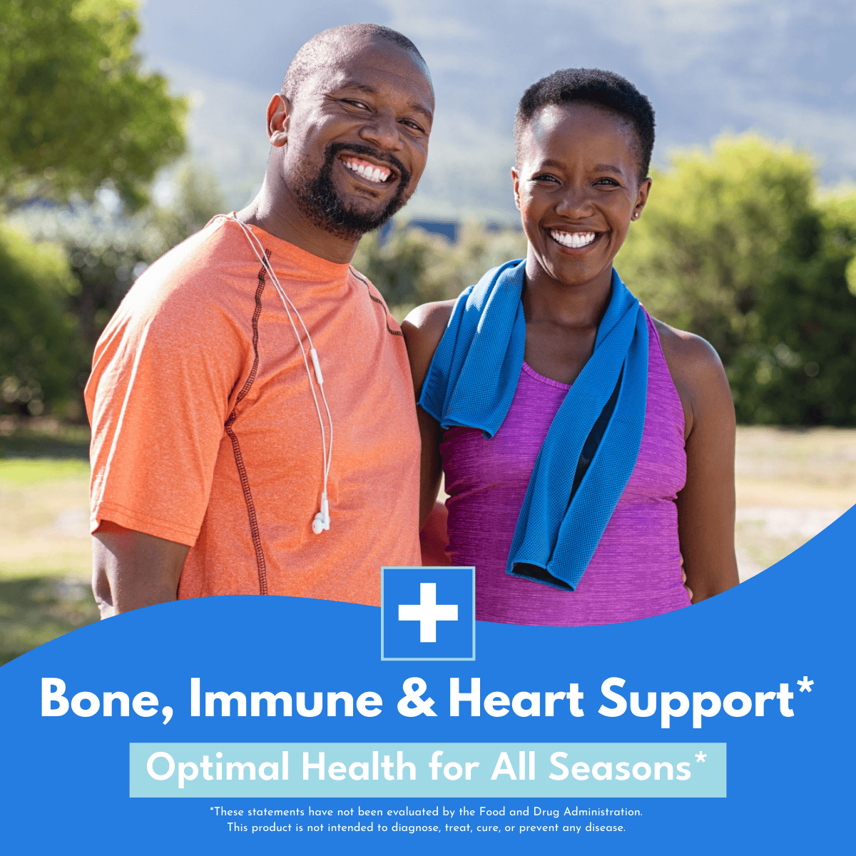 smiling couple exercising outside above vegan D3 K2 Supplement benefits with bold white text on blue background that states Bone, Immune, & Heart Support, Optimal Health for all seasons