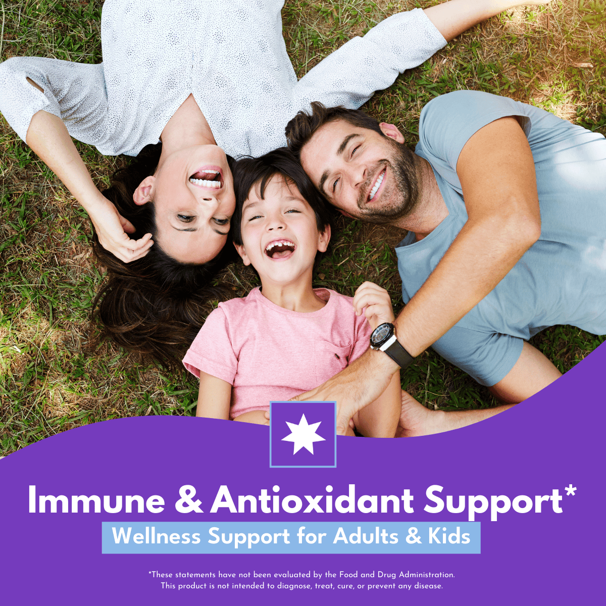 smiling family on a lawn above organic elderberry elixir benefits with bold white text that reads immune & antioxidant support wellness support for adults & kids