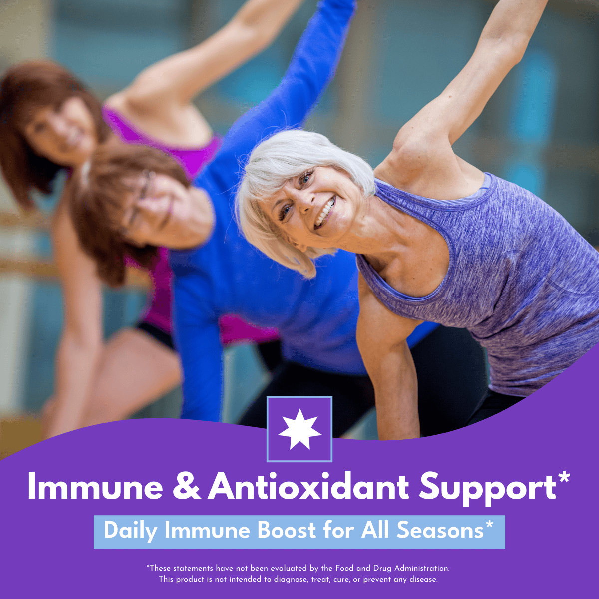 Elderly woman with other women in the background doing yoga or stretching with bold white text at the bottom that reads Immune & Antioxidant Support Daily Immune Boost for all seasons. 