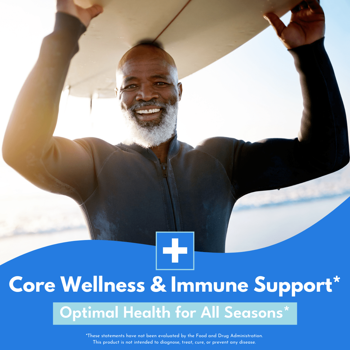 Older man in wet suit holding surfboard above head with bold white text against blue background at bottom of photo that states Core Wellness & Immune Support. Optimal health for all seasons. 