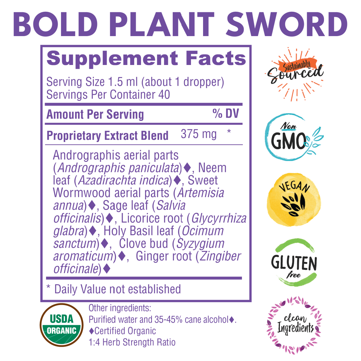 Bold plant sword supplement facts with badges to the left that read sustainably sourced, non GMO, Vegan, Gluten Free, and clean ingredients. 