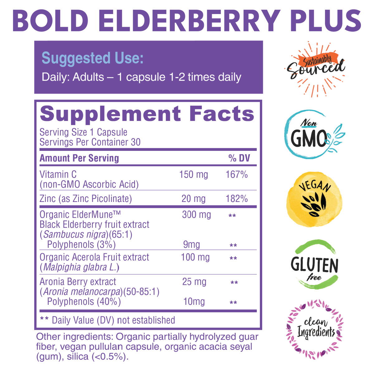 elderberry extract supplement facts with badges to the left that read sustainably sourced, non GMO, Vegan, Gluten Free, and clean ingredients. 