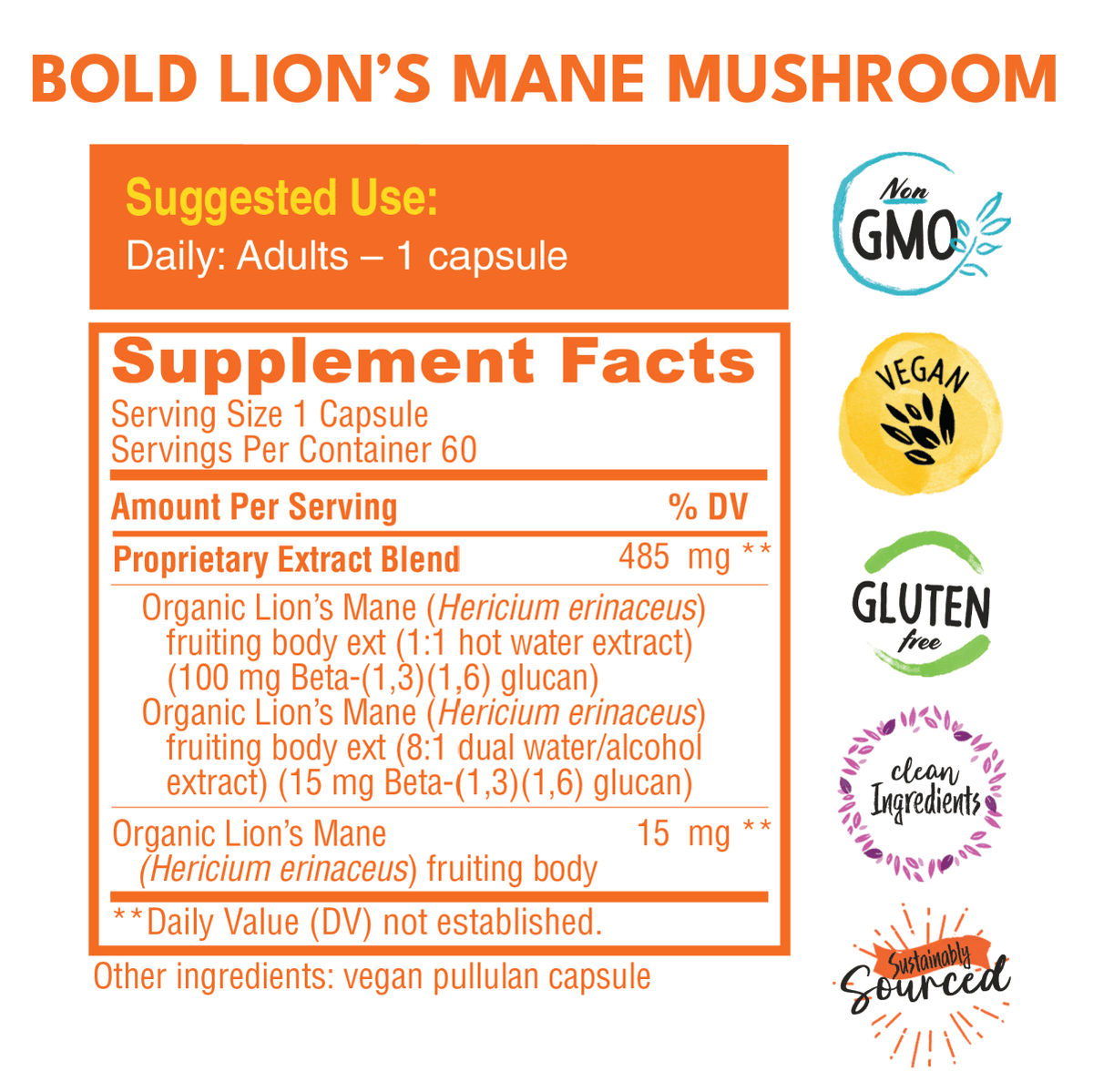 Close-up of the Bold Lion’s Mane product label and facts panel.