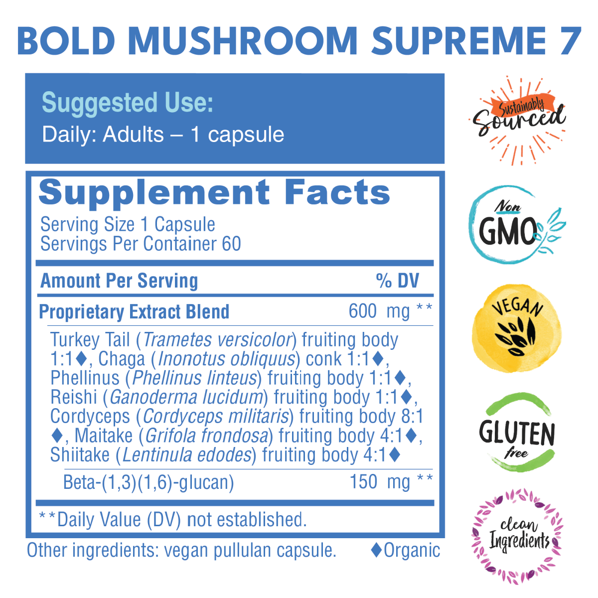 Bold Mushroom Supreme 7 supplement facts with badges to the left that read sustainably sourced, Non GMO, Vegan, Gluten Free, and clean ingredients. 