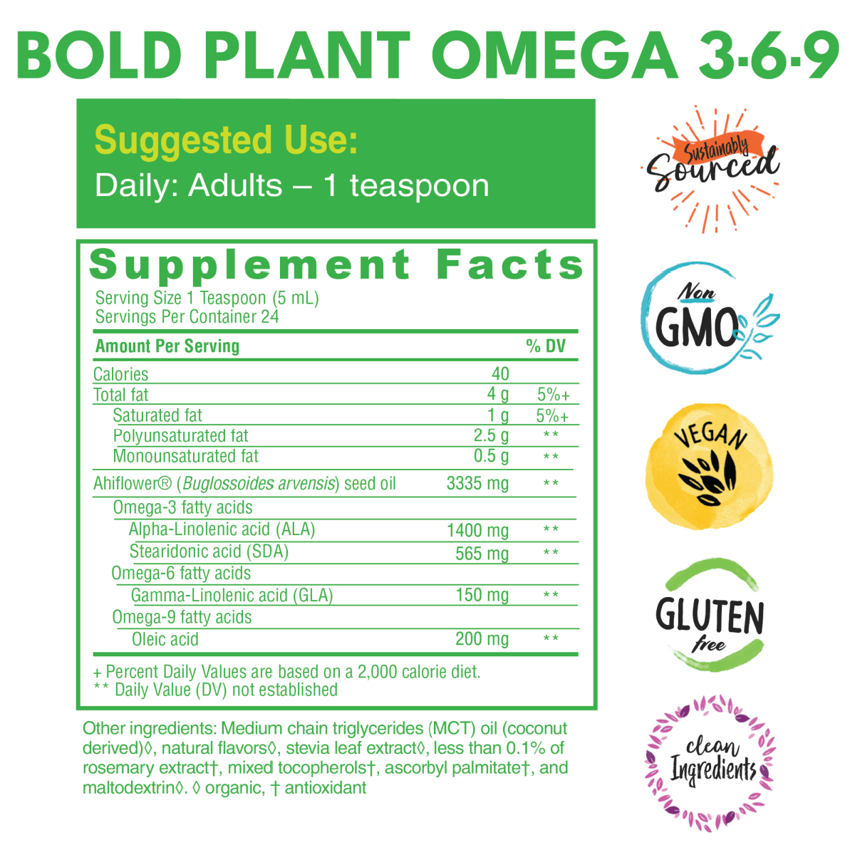 Bold plant vegan omega 3 6 9 supplement facts with badges on the right that read sustainably sourced, non GMO, Vegan, Gluten Free, and Clean ingredients. 