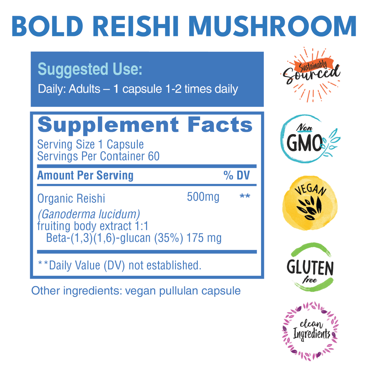 Bold reishi mushroom extract supplement facts with badges to the left that read sustainably sourced, Non GMO, Vegan, Gluten Free, and clean ingredients. 