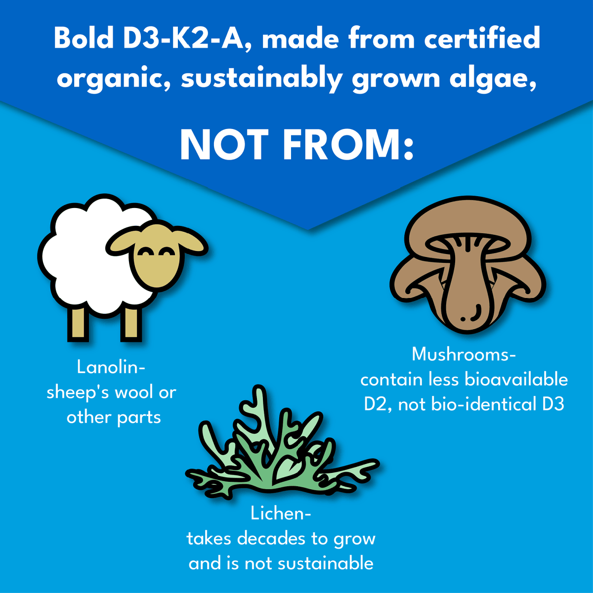 Photos of Sheep, mushroom, and Lichen against a blue background with bold white text that reads Bold D3-K2-A, made from certified organic, sustainably ground algae, Not From:  