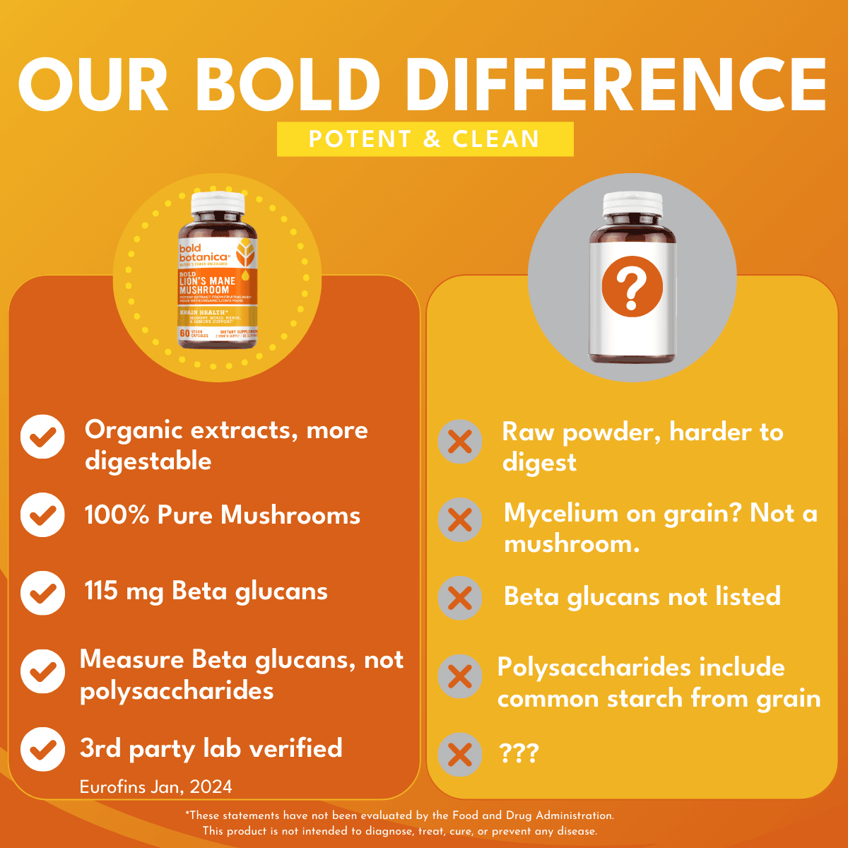 Ingredient comparison chart of Bold Botanica’s organic Lion’s Mane fruiting body capsules versus other vegan nootropic supplements—highlighting clean, high-quality formulations.