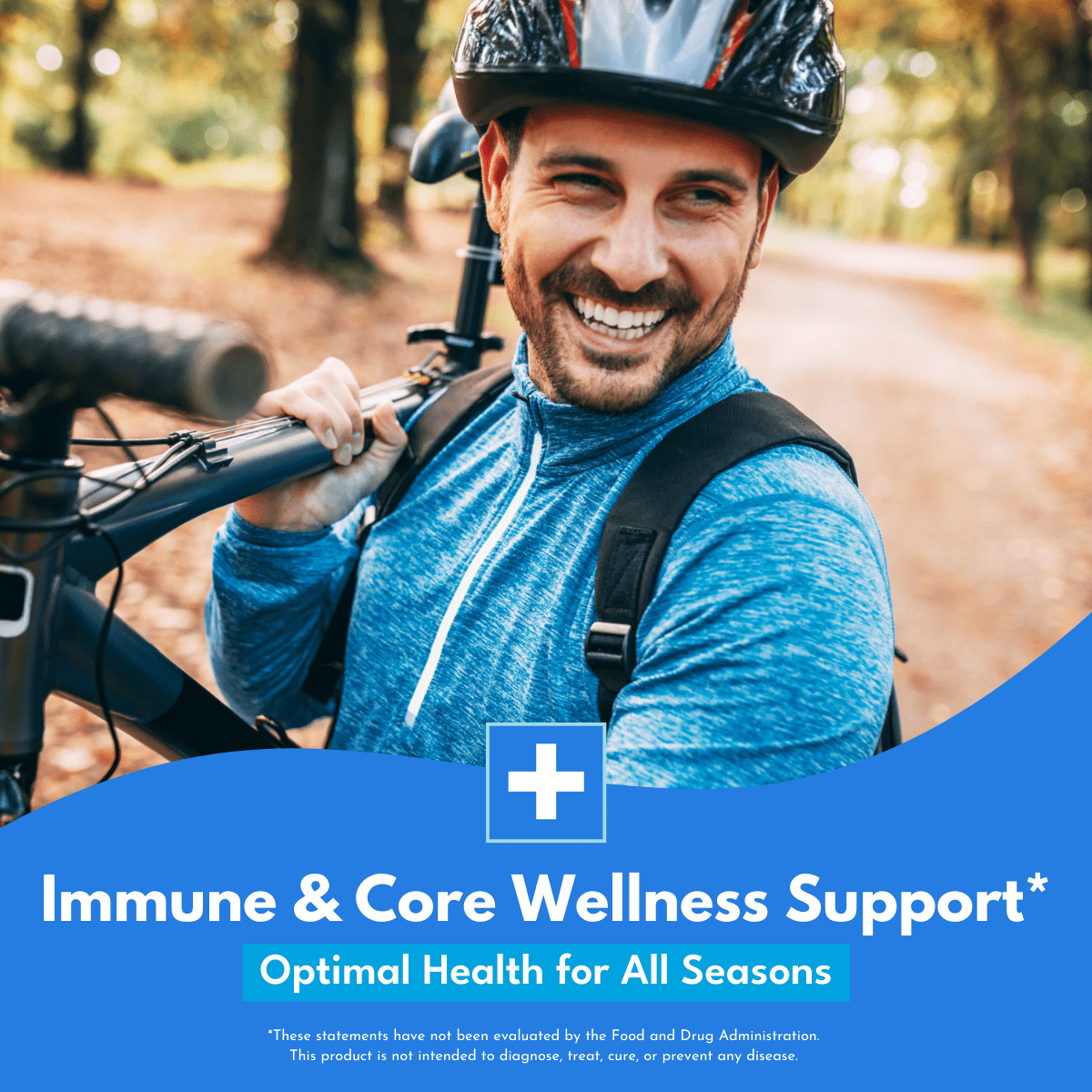Man smiling in blue shirt and wearing a helmet holding mountain bike above benefits call out for Immune and Core Wellness Support in bold white text.