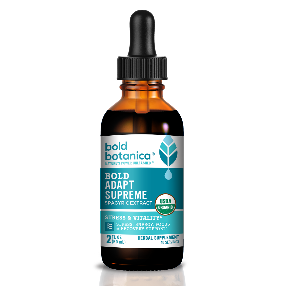 bold botanica bold adapt supreme dropper bottle against a white background and sitting on a white surface. 