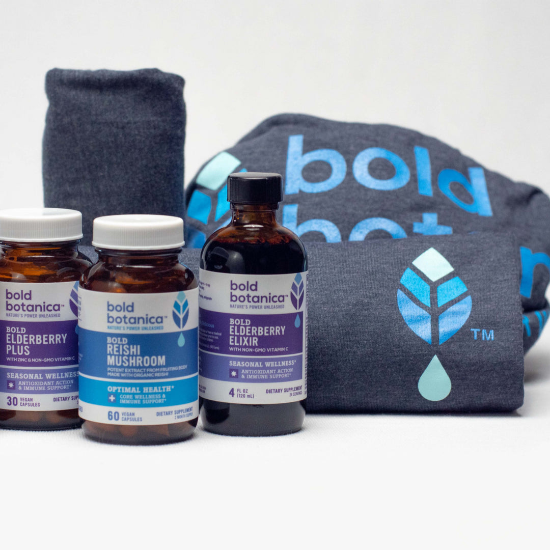 bold botanica t-shirt with bottles of supplements