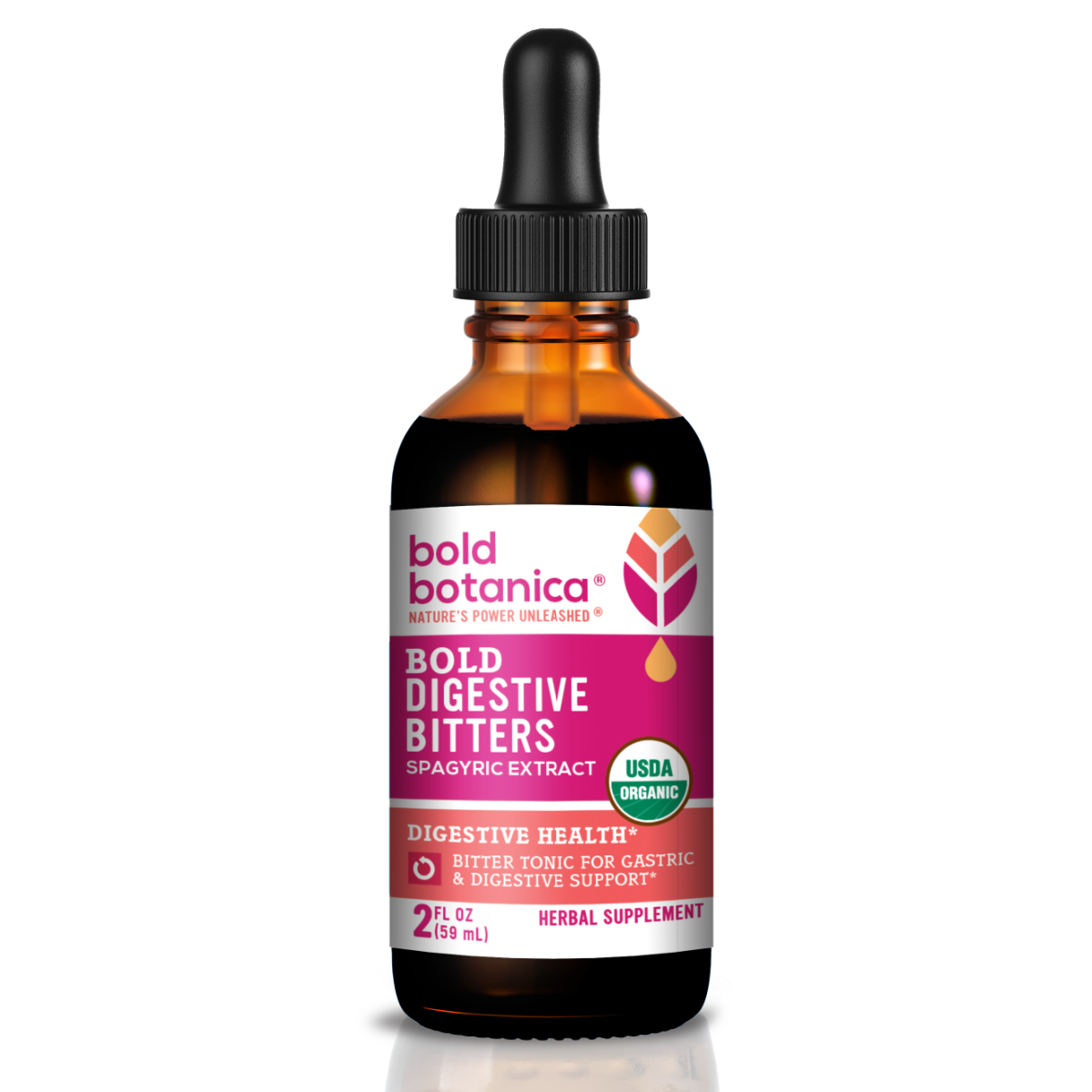 Bold Botanica bold digestive bitters dropper bottle against a white background sitting on a white surface.