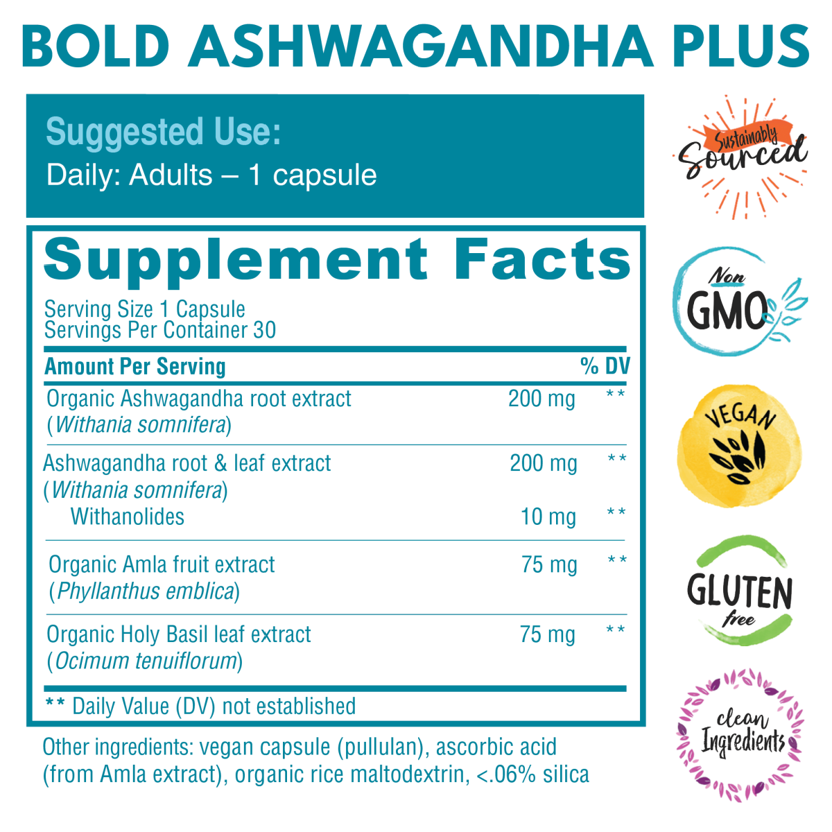 Supplement facts for Bold Ashwagandha Plus, offering organic ashwagandha for stress relief, anxiety support, and overall wellness with a triple adaptogen formula.