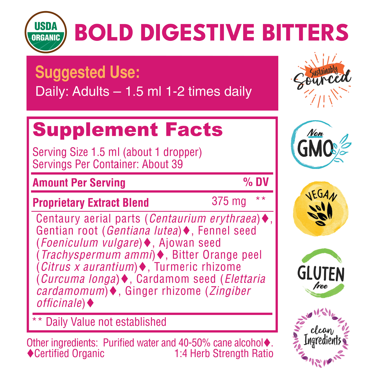 Bold digestive bitters ingredients label with badges that state sustainably sourced, non GMO, Vegan, Gluten Free, and Clean ingredients. 