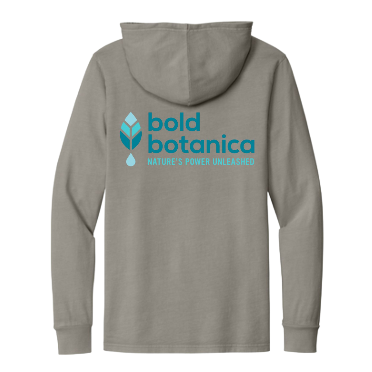back of bold botanica gray hoodie with logo in blue that reads Bold Botanica Nature's power unleashed. 