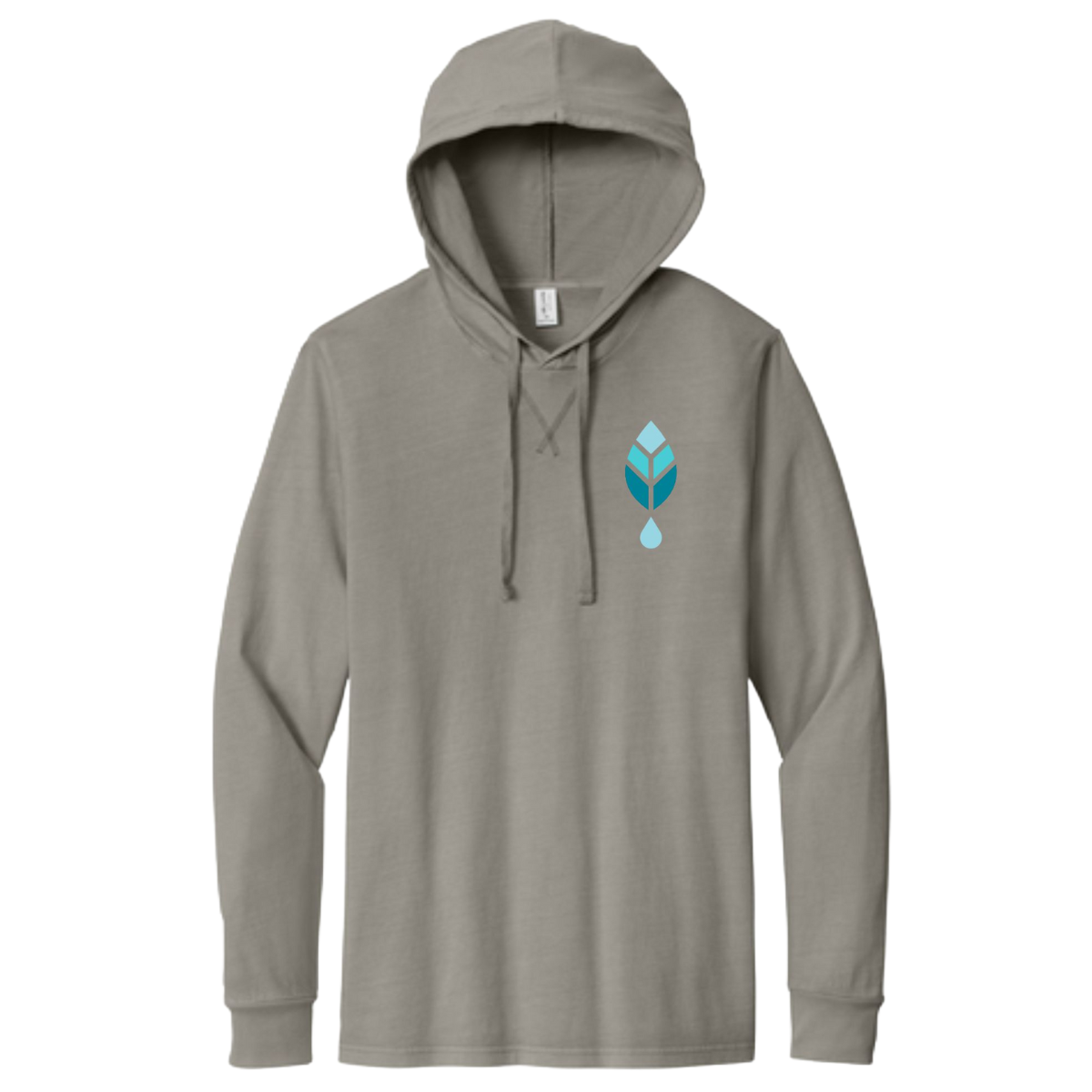 Front of bold botanica gray hoodie with blue logo to left side of chest. 