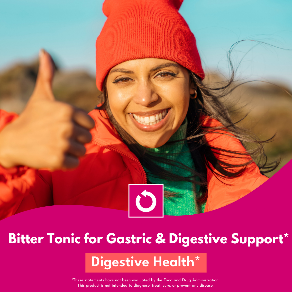 woman giving thumbs up with a blurred mountain background wearing a bright orange beanie and bright orange coat.  Bottom of photo has hot pink border with bold white text that reads Bitter Tonic for Gastric & Digestive Support. Digestive Health
