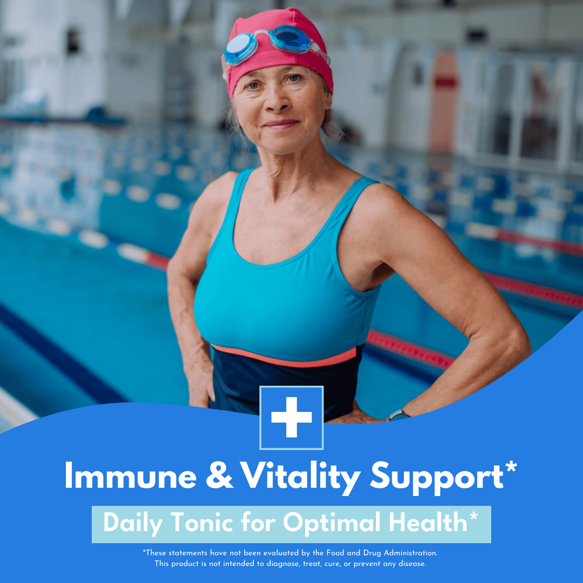 older woman in bathing suit with swim cap and goggles on head standing in front of indoor pool with white text that reads immune & vitality support.  Daily tonic for optimal health 