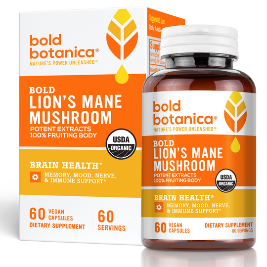 Bold Botanica Lion's Mane Mushroom dietary supplement shown with its retail box and a clear plastic bottle containing amber capsules, on a clean white background.