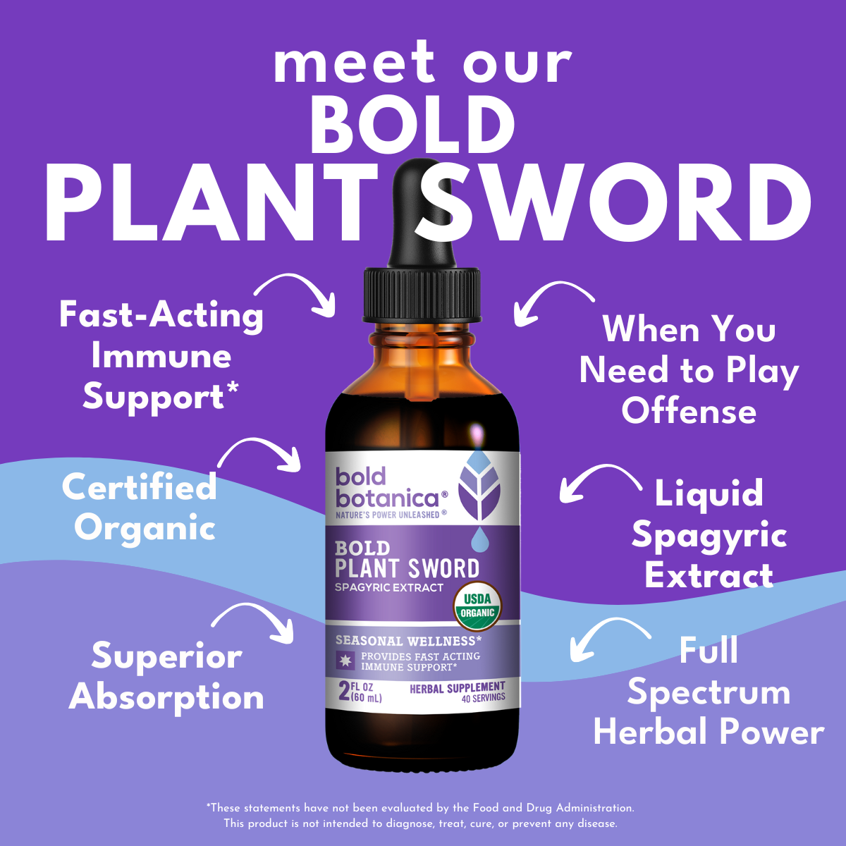 dropper bottle of bold botanica Bold plant sword agains purple background and bold white text that reads meet our bold plant sword, fast-acting immune support, when you need to play offense, certified organic, superior absorption, liquid spagyric extract, full spectrum herbal power.