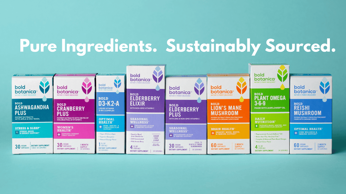 Row of Bold Botanica supplement boxes on a teal background with 'Pure Ingredients. Sustainably Sourced.' text in bold white text