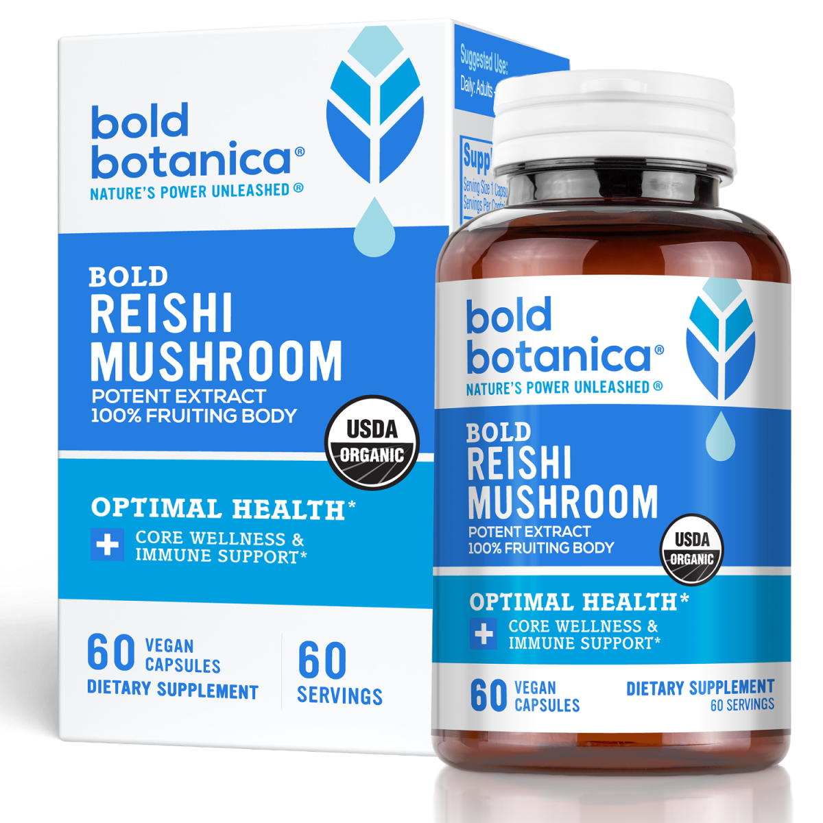 Bold Botanica Bold Reishi Mushroom dietary supplement, showing the amber bottle with a white cap next to its white and blue retail box. The packaging features a blue leaf logo and a USDA Organic seal.