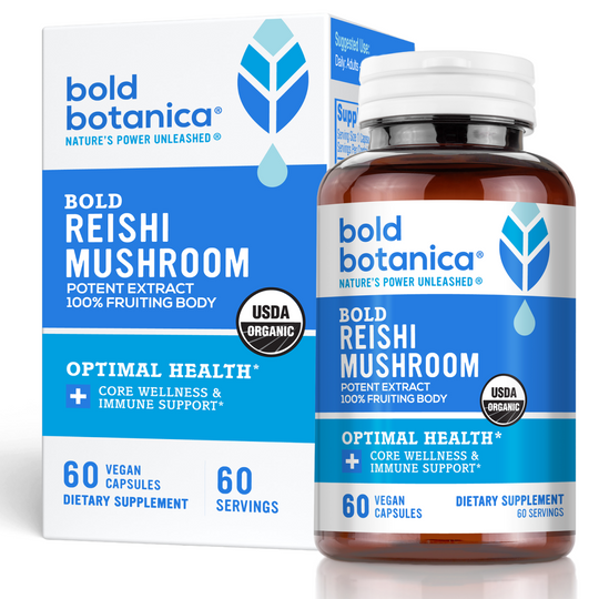 Bold Botanica Bold Reishi Mushroom dietary supplement, showing the amber bottle with a white cap next to its white and blue retail box. The packaging features a blue leaf logo and a USDA Organic seal.