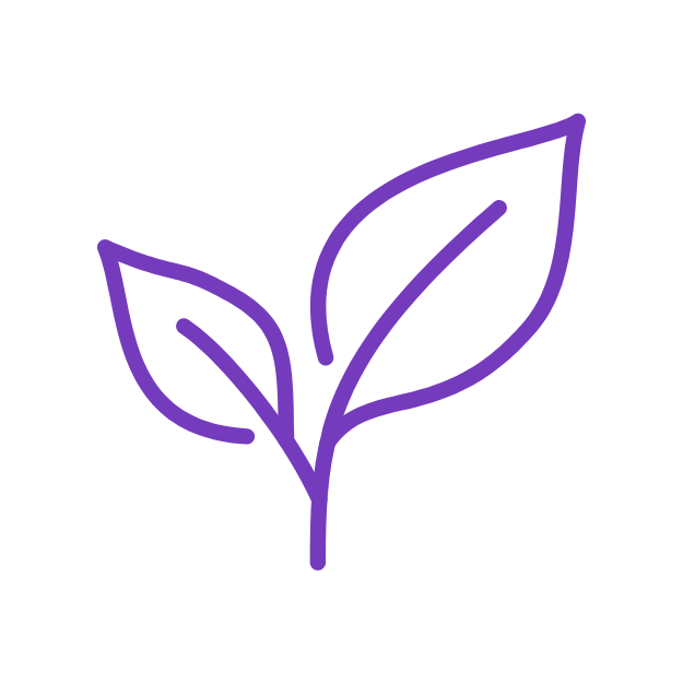 A purple line icon depicting two leaves on a stem, centered on a plain white background.