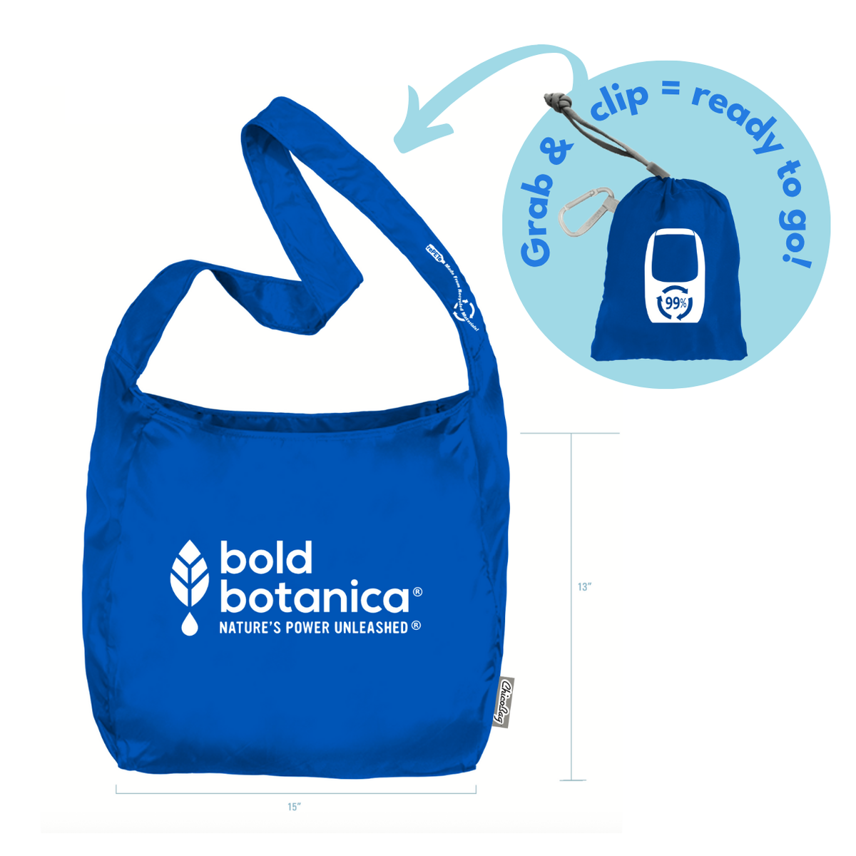 Blue tote bag with Bold Botanica's logo on a white background. Round Sticker on top of photo with blue text that reads Grans and Clip= ready to go!