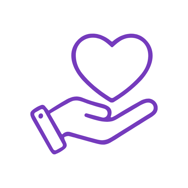 A purple line icon depicting a hand holding a heart, set against a solid white background.