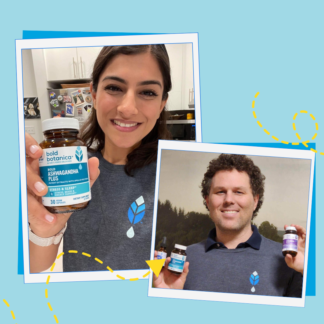 woman and man holding herbal supplement bottles